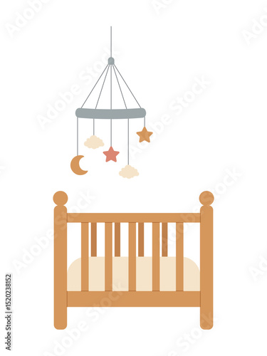 Cute baby crib with hanging mobile. Minimal flat design for nursery, baby room, kids decor, posters, invitations, and baby shower themes.

