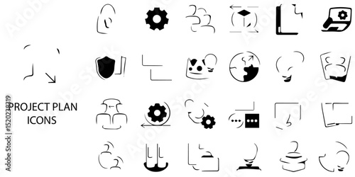 Project Plan simple concept 24 hand drawn Black and White color icons set .Vector illustration.
