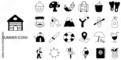 Summer simple concept 24 hand drawn Black and White color icons set .Vector illustration.