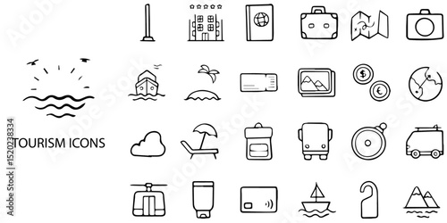 Tourism simple concept 24 hand drawn Black and White color icons set .Vector illustration.