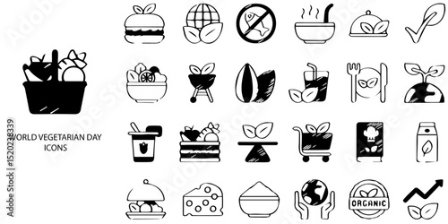 World Vegetarian Day simple concept 24 hand drawn Black and White  icons set .Vector illustration.