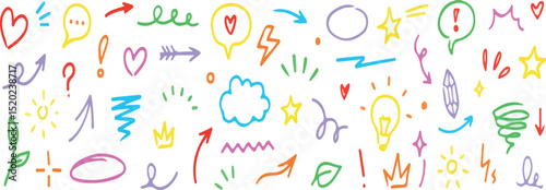 Line sketch star, text, arrow, heart decoration element icon set. Hand drawn sketch doodle cute star, emphasis, flower element. Pen line, brush, love text decoration shape icon. Hand drawn vector