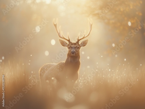 Spotted deer with antlers in golden sunrise mist
