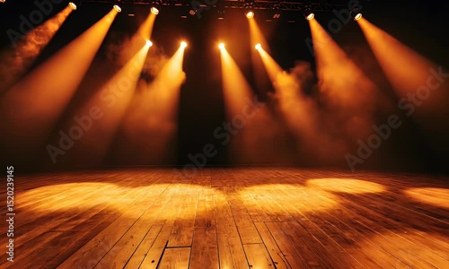 Stage with warm spotlights and wooden floor photo