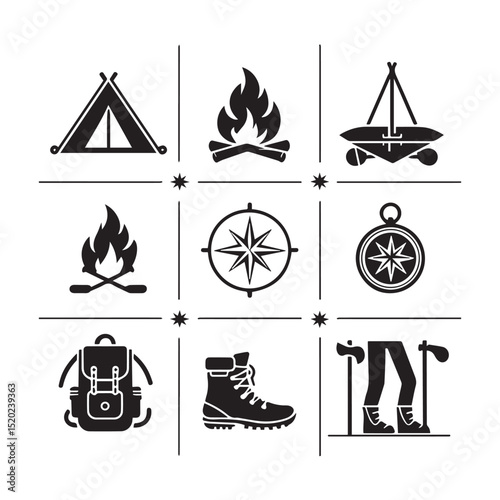 Camping and hiking icon set black glyphs