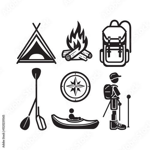 Camping kayaking hiking adventure icons set