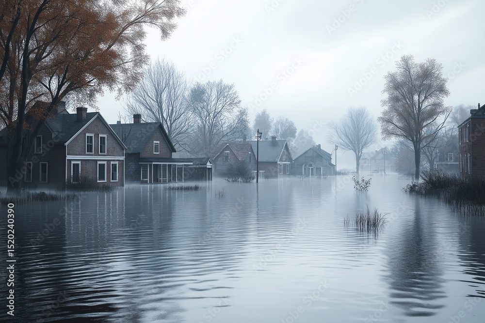 Fototapeta premium Tranquil Flooded Landscape. Submerged Rural Houses Amid Misty Reflection and Overcast Skies
