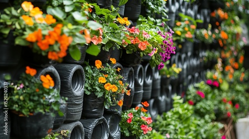 Vertical farming's beauty and ingenuity are showcased in this photo.  Recycled plastic bottles are creatively used to create a vertical garden, with vibrant flowers adding to its aesthetic appeal.
 