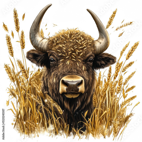 Buffalo Surrounded by Wheat Stalks with Sleepy Eyes
