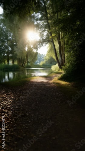 Sunlight through trees illuminating riverbank path with trees and greenery, nature scene, peaceful park landscape