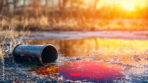 Pollution and nature's struggle at sunset near a stagnant water body