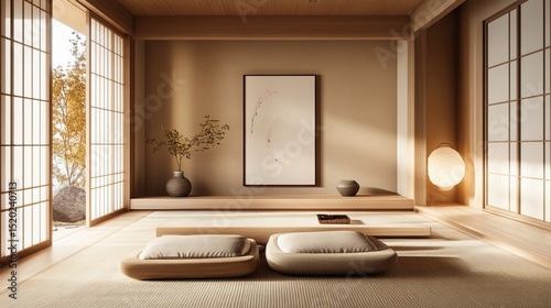 Warm beige tones create a cozy Japanese-Scandinavian fusion in this modern living room.  The Japandi design concept blends minimalist Scandinavian and traditional Japanese aesthetics.
 