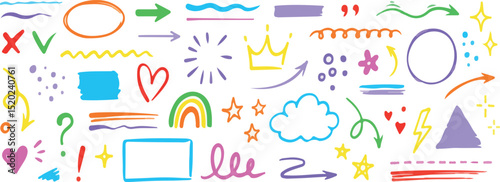 Line sketch star, text, arrow, heart decoration element icon set. Hand drawn sketch doodle cute star, emphasis, flower element. Pen line, brush, love text decoration shape icon. Hand drawn vector