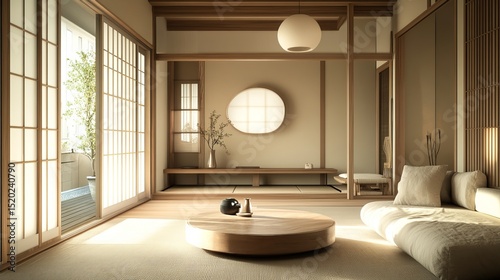 Warm beige tones create a cozy Japanese-Scandinavian fusion in this modern living room.  The Japandi design concept blends minimalist Scandinavian and traditional Japanese aesthetics.
 