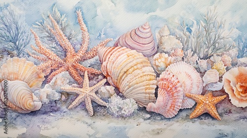 Watercolor painting of various seashells, corals, and starfish.
 