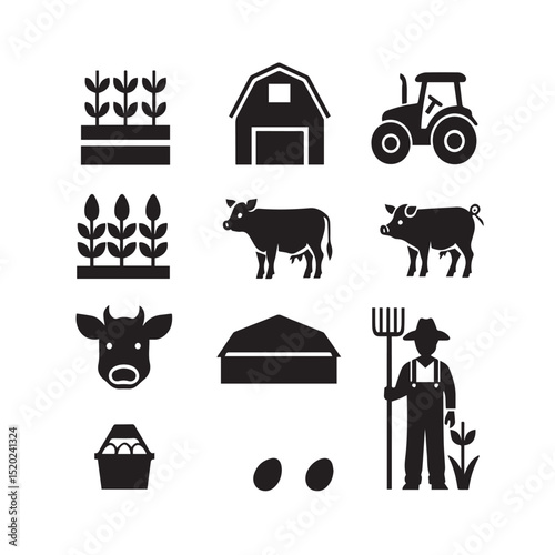 Farm icons set agriculture tractor barn animals