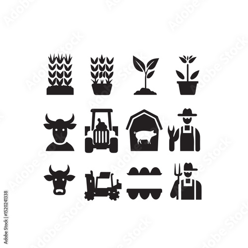 Farm icons set agriculture farming tractor cow pig