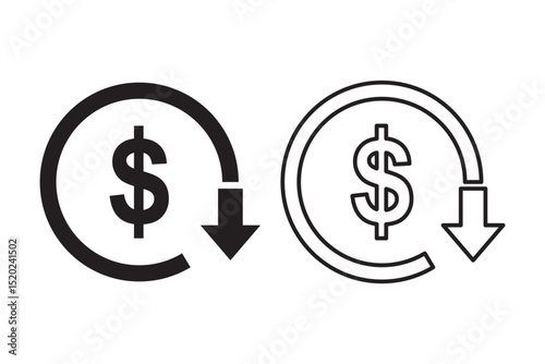 Money increase or decrease icon set. dollar decrease increase symbol. profit and lose signs. cost reduction icon vector. EPS 10.