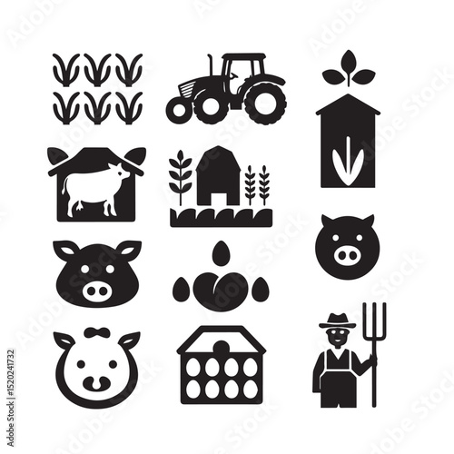 Farm icons set agriculture tractor pig cow barn