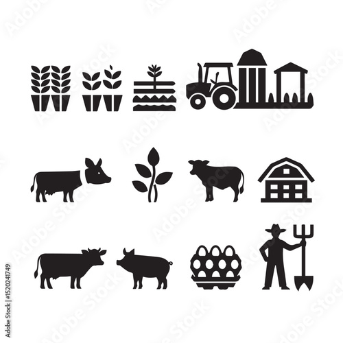 Farm icons set agriculture tractor pig cow