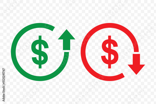 Money increase or decrease icon set. dollar decrease increase symbol. profit and lose signs. cost reduction icon vector. EPS 10.