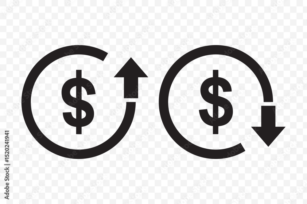Obraz premium Money increase or decrease icon set. dollar decrease increase symbol. profit and lose signs. cost reduction icon vector. EPS 10.