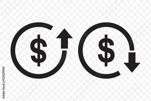 Money increase or decrease icon set. dollar decrease increase symbol. profit and lose signs. cost reduction icon vector. EPS 10.