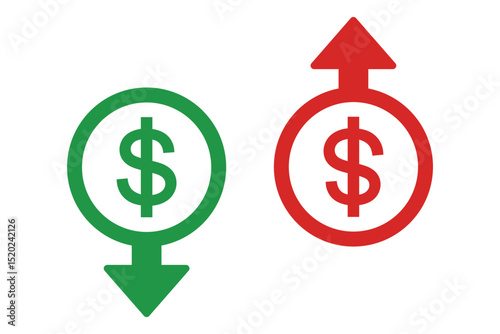 Money increase or decrease icon set. dollar decrease increase symbol. profit and lose signs. cost reduction icon vector. EPS 10.