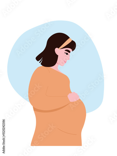 Pregnant woman in profile put her hand on her belly. Waiting for the birth of a child. Vector flat graphics.