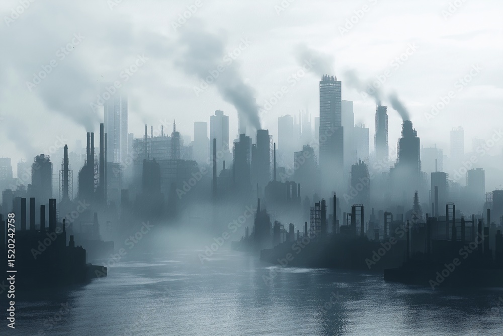 Fototapeta premium Urban Pollution and Smog. Misty Cityscape Reflected in Water Amid Industrial Smokestacks