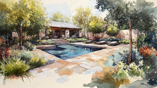 A landscape design sketch details a backyard layout plan tailored for a private villa retreat
