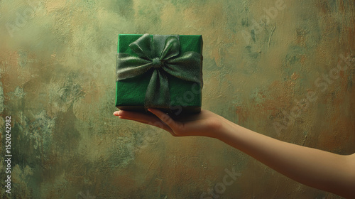 A womanâ€™s hand holds up a green present with a decorative bow, set against a neutral brown background