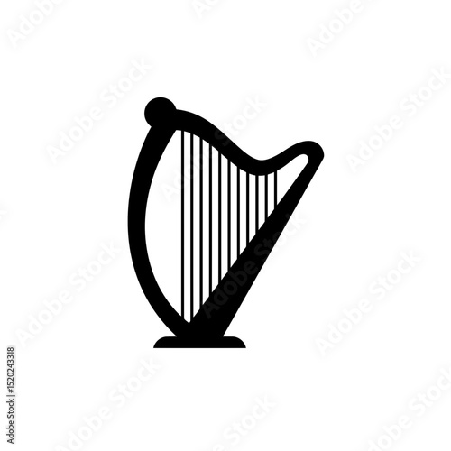 Black vector silhouette of harp musical instrument. Art school and academy. Symbol of Ireland and St. Patrick's Day. Harmony and peace concept