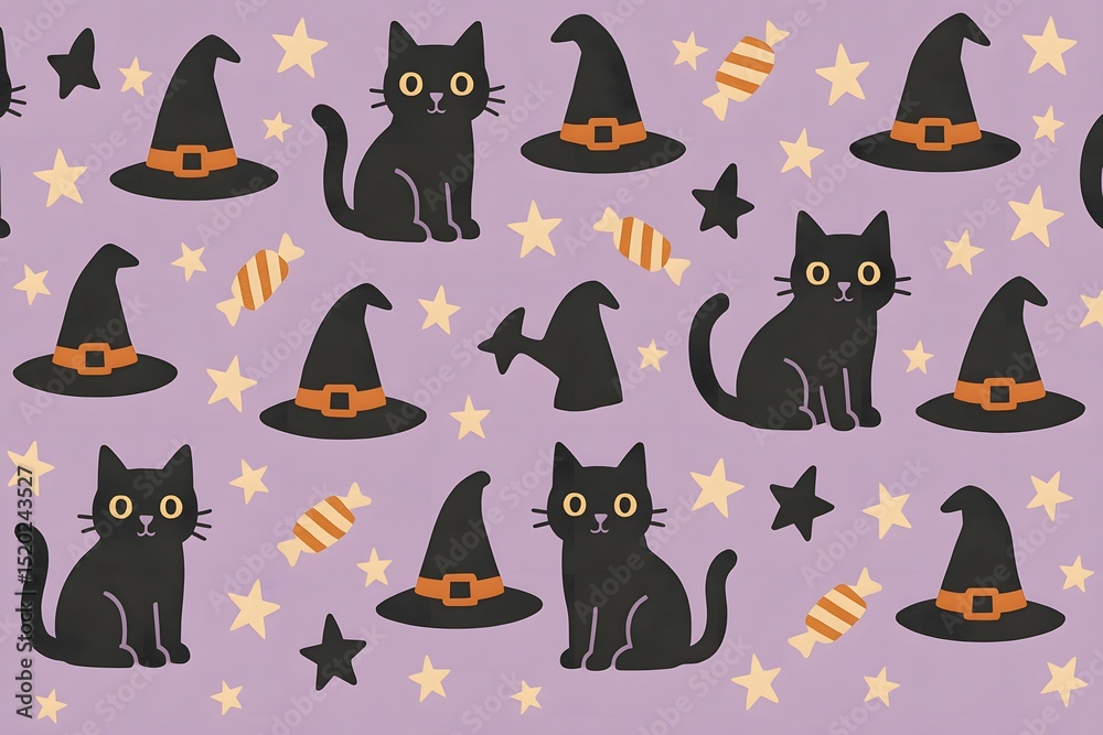 Fototapeta premium Halloween Background with Black Cats and Witch Hats on Lavender, AI generated