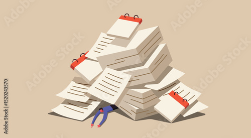 Tiny office worker character lies buried beneath a towering pile of paperwork and calendar, concept of pressure, burnout, overwork, deadline anxiety in the modern workplace, flat vector illustration