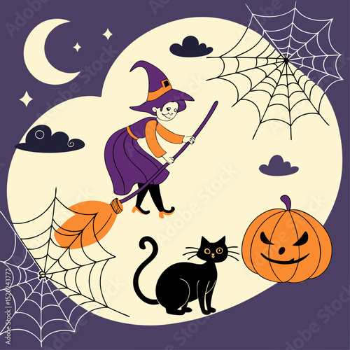 halloween background with witch and pumpkin