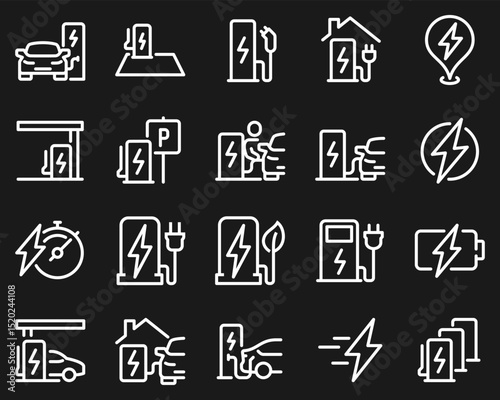 Simple Set of Car Charging Station Related Vector Line Icons. Contains such Icons as Electric socket station, Car plugged to charge, Battery and more.