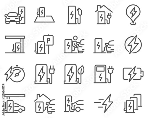 Simple Set of Car Charging Station Related Vector Line Icons. Contains such Icons as Electric socket station, Car plugged to charge, Battery and more.