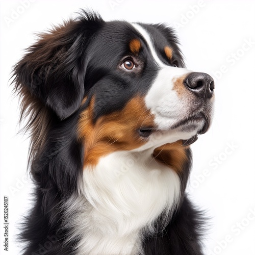 Bernese Mountain Dog Portrait. Loyal, Affectionate Canine Companion with Fluffy Black, White, and Brown Fur in Nature