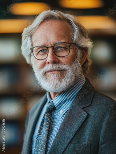 Professional Headshot of Confident, Knowledgeable Older Businessman in Library Setting