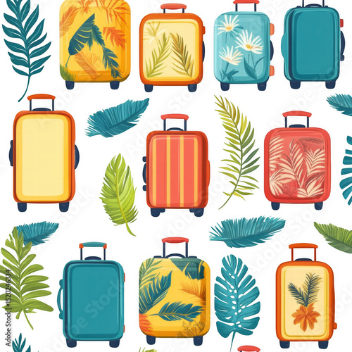 Bright Suitcase Icons in Tropical Travel Theme.