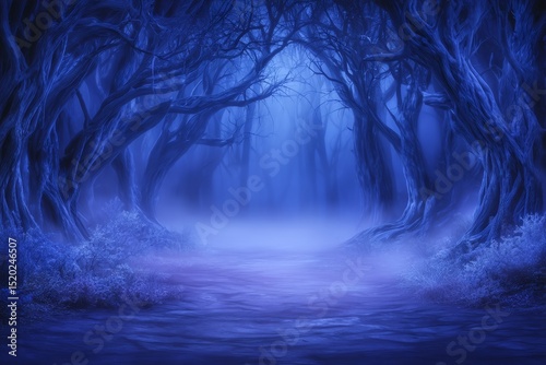 Pathway through a dense, autumnal forest, characterized by an eerie blue tone and enveloped in cold, foggy darkness