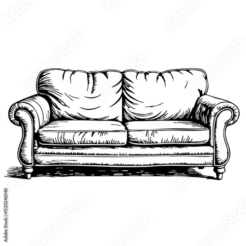 Vintage couch sketch in classic style with detailed upholstery  