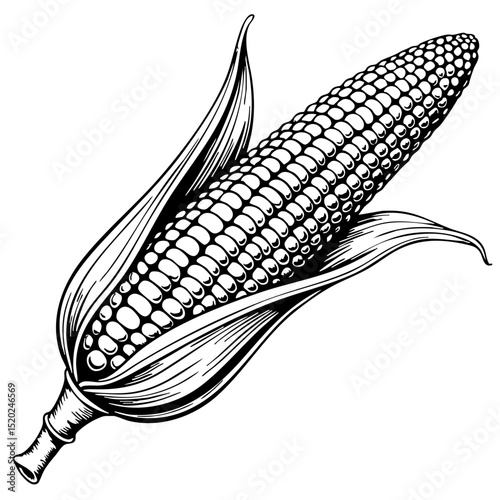 Vintage sketch of corn cob with leaves on a white background  