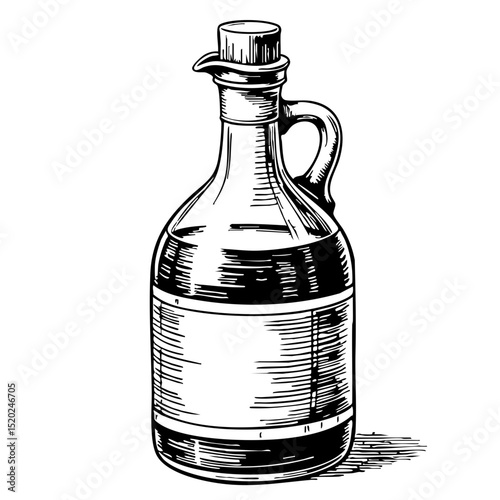 Vintage sketch of an old glass bottle with handle and label  