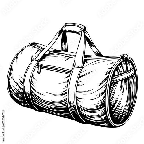 Vintage gym bag sketch illustration in black and white style  