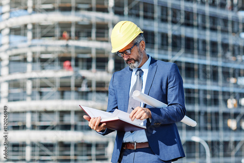 Fotografie senior businessman architect wearing a protective helmet writing in a notebook a