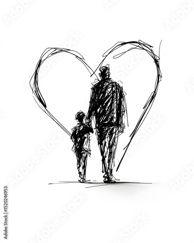 Minimal line art of father and son walking inside heart shape