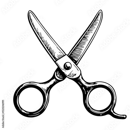 Vintage sketch of opened scissors hand-drawn in black and white  