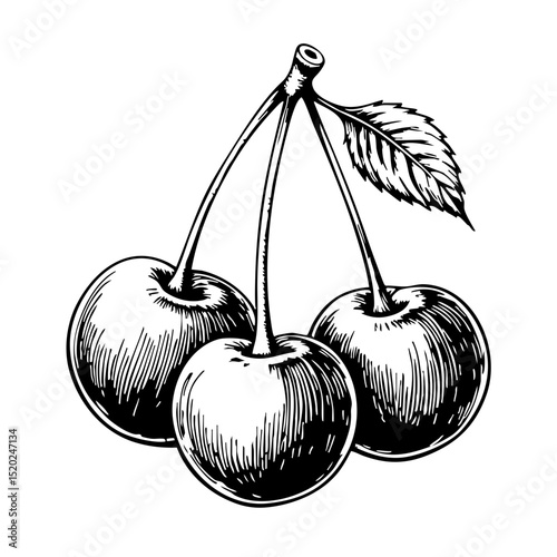 Vintage sketch of three cherries on a stem with a leaf  
